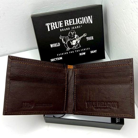 TRUE RELIGION MENS WALLET, ALL LEATHER, BROWN COLOR, WITH RFID PROTECTION - Picture 3 of 14